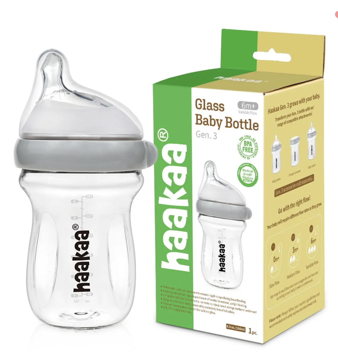 Haakaa Glass Baby Bottle Grey 180 ML