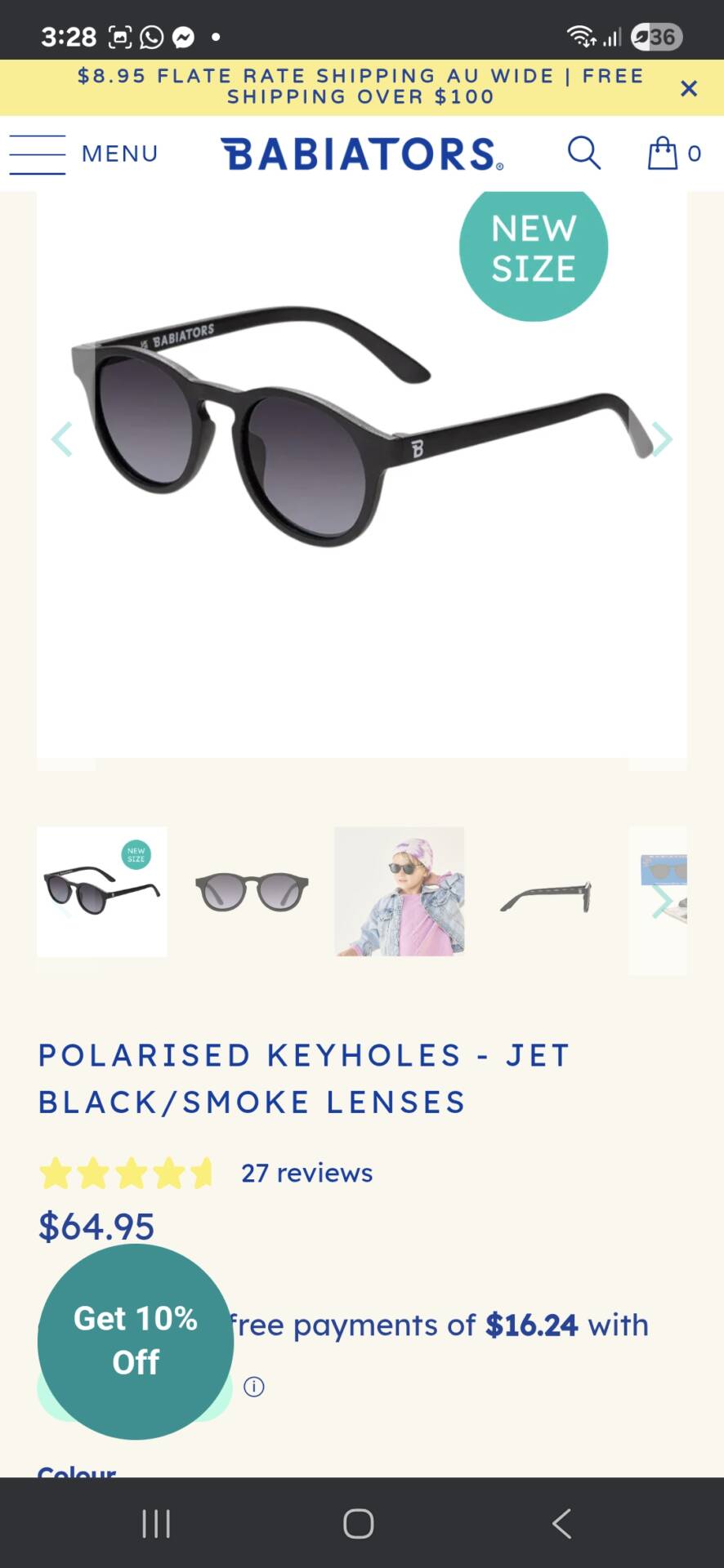 Babiators Polarised Keyholes 0-2years - Jet Black, with silicone strap