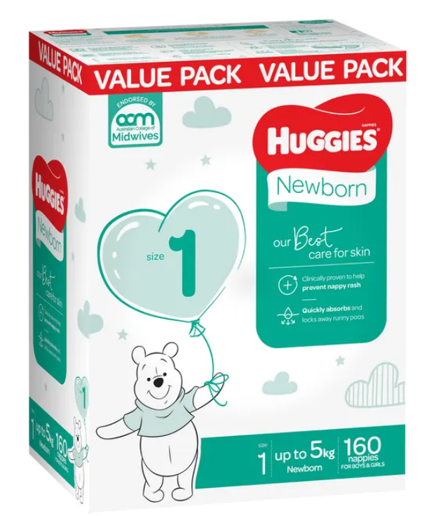 Huggies Nappies Mega Newborn Size 1 - 160pack.