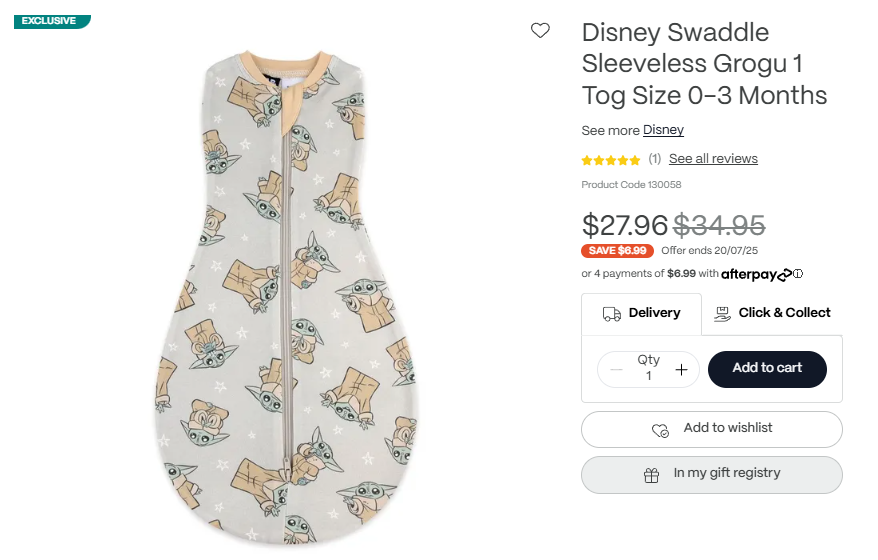Disney Swaddle Sleeveless Grogu 1 Tog Size 0-3 Months
