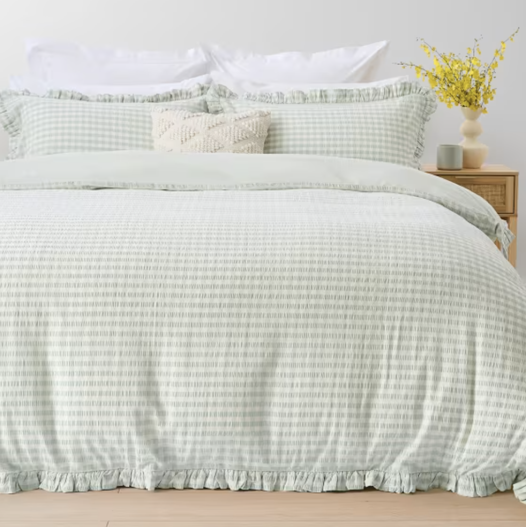 Gingham Ruffle Cotton Quilt Cover Set - King Bed, Sage