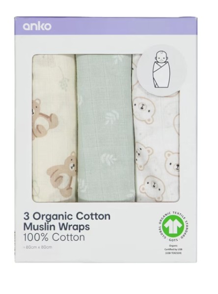 3 Pack Organic Cotton Muslin Wraps - Bears