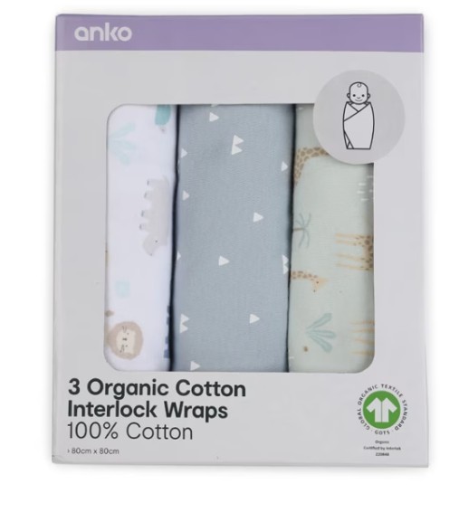 3 Pack Organic Cotton Interlock Wraps - Safari