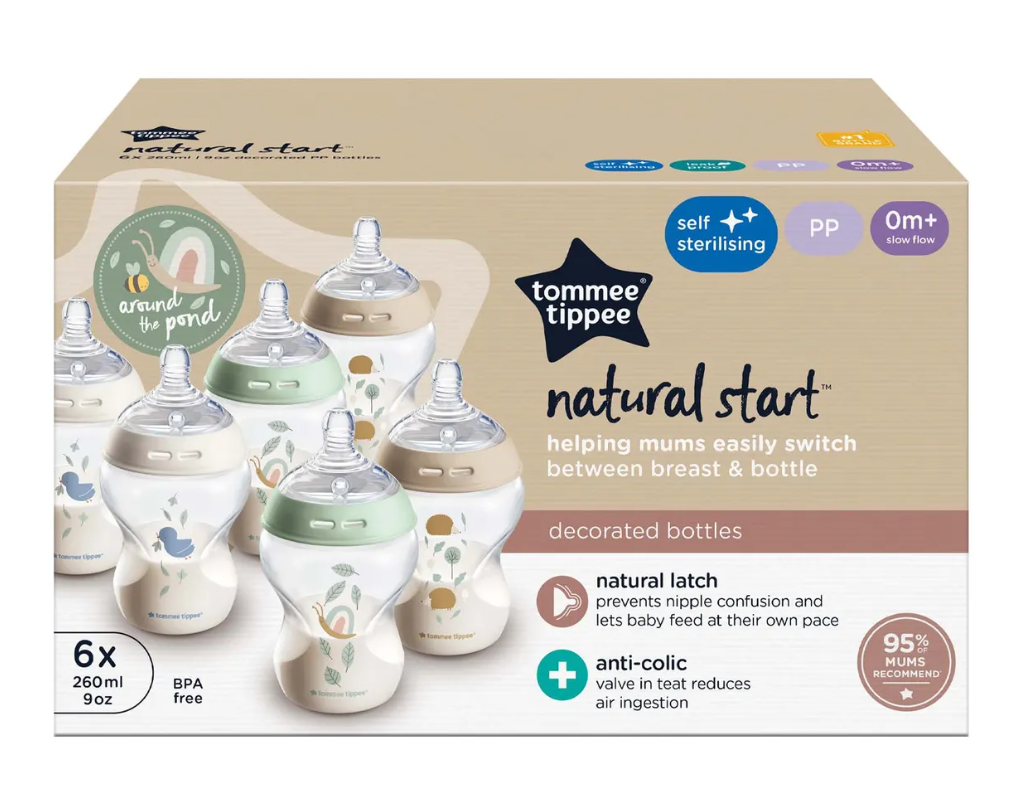 Tommee Tippee Natural Start Anti-Colic Baby Bottle With Slow Flow Teat 260Ml 0M+ 6Pack Assorted