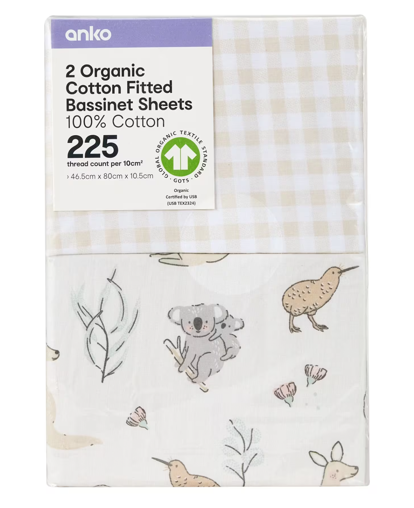 2 Pack 225 Thread Count Organic Cotton Fitted Bassinet Sheets - Australiana and Gingham Print