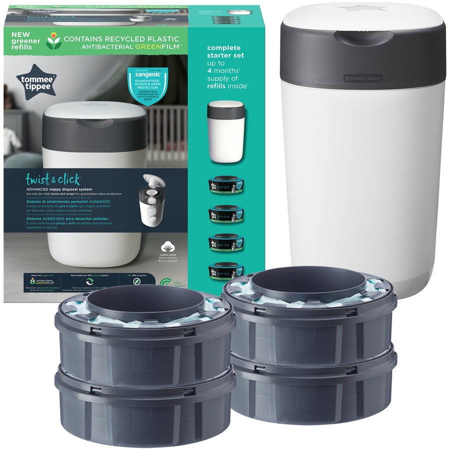 Tommee Tippee Twist and Click Advanced Nappy Disposal Bin Starter Set 4 Pack