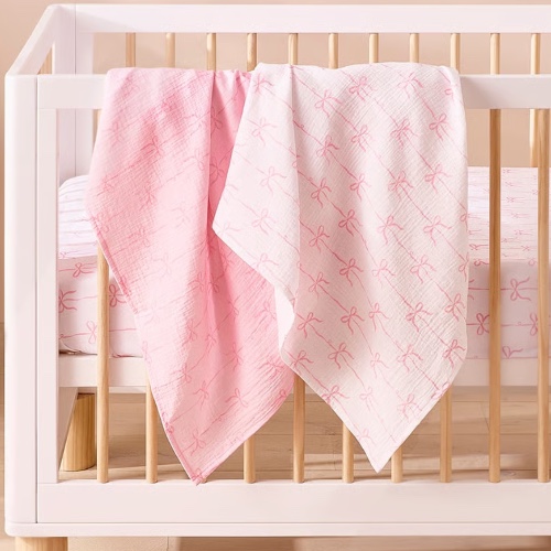 Pink Beautiful Bow Cotton Muslin Baby Swaddles 2pk
