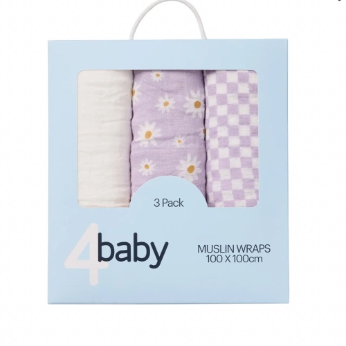 4Baby Muslin Wrap 3 Pack Daisy Lilac 1