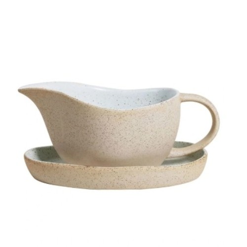 Natural Home Gravy Pourer With Plate 500ml in White Speckle