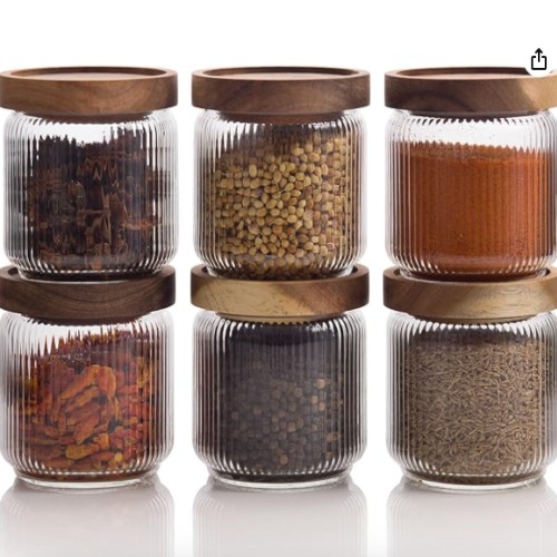 Mason & Fable Ribbed Glass Jar with Wooden Lid 350ml- 6 Pcs