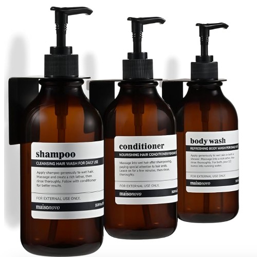 MaisoNovo Shampoo and Conditioner Dispenser - Shower Soap Dispenser Wall Mounted - 16.9 fl oz Set of 3 Amber Plastic Bottles Black Pump - 3 Chamber No Drill