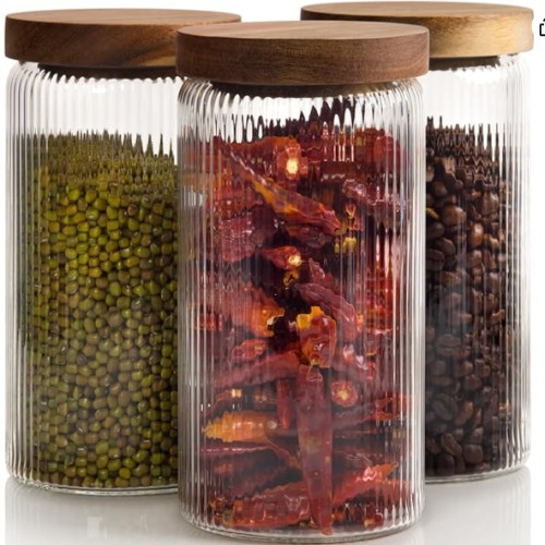 Mason & Fable Ribbed Glass Storage Jars with Airtight Wood Lids - 800ml