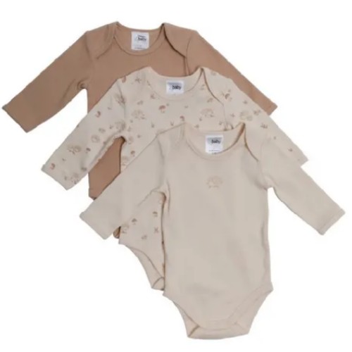4Baby Long Sleeve Bodysuit 3 Pack Hedgehog Natural