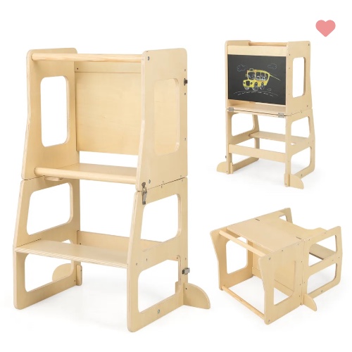 Baby Joy Step Stool Standing Tower with Chalkboard - Natural