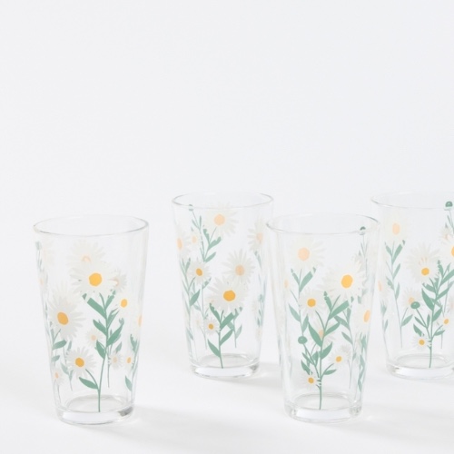 Soren Daisies Set of 4 Highball Glasses White