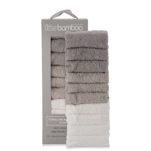 Little Bamboo Towelling Washer 10 Pack Stone Grey