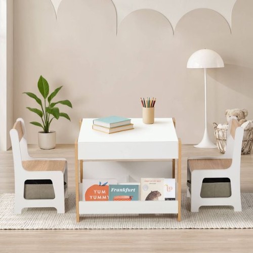Oikiture Kids Table and Chairs Set With Bookshelf Chalkboard