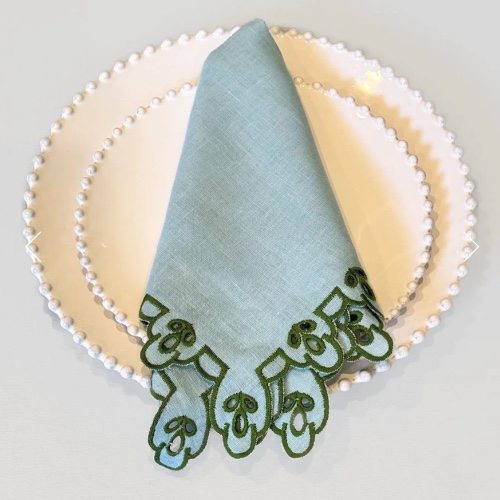 Italian Embroidered Linen Napkins Set of 4 Azzuro/Fern
