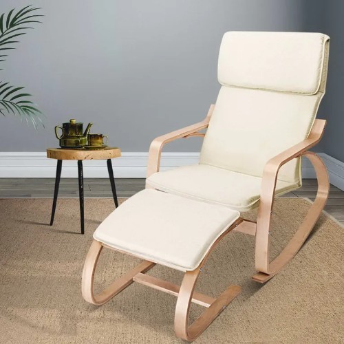 Bentwood Rocking Armchair with Foot Stool - Beige