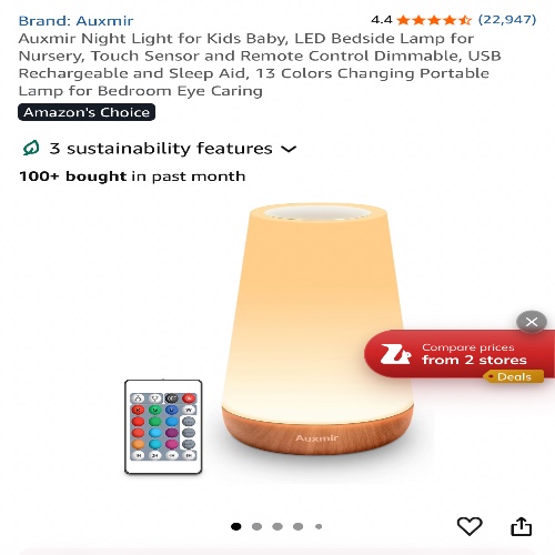 Auxmir Night Light for Kids Baby, LED Bedside Lamp for Nursery, Touch Sensor and Remote Control Dimmable, USB Rechargeable and Sleep Aid, 13 Colors Changing Portable Lamp for Bedroom Eye Caring