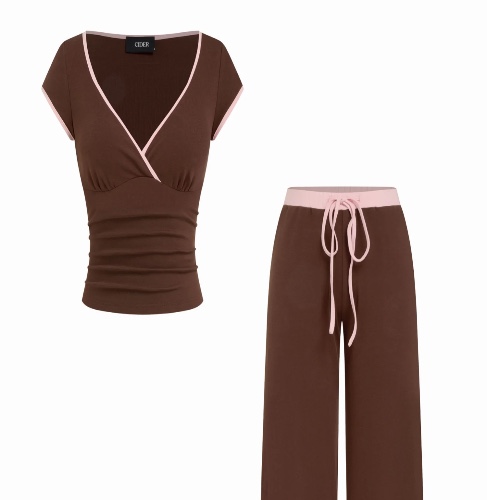 COTTON-BLEND V-NECK TWO TONE TOP & MID RISE DRAWSTRING STRAIGHT LEG TROUSERS SET