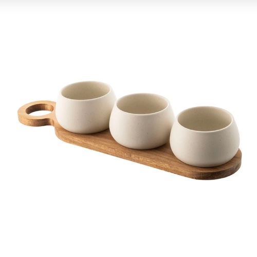 Acacia Wood Tray With 3 Stone Bowls Tapas Set - Wheel & Barrow