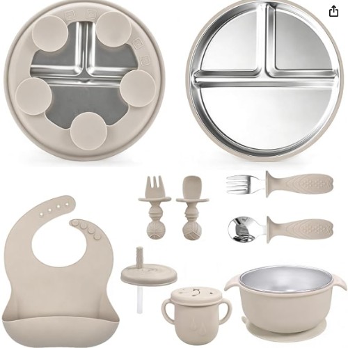 Stainless steel silicone baby feeding set with suction (beige)