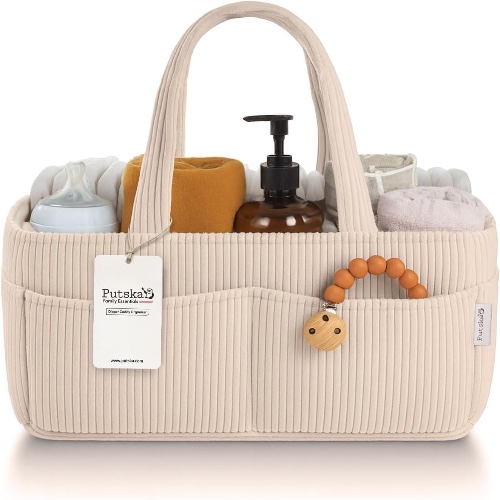 PUTSKA Baby Nappy Caddy Organiser, Corduroy Nursery Basket, Cream
