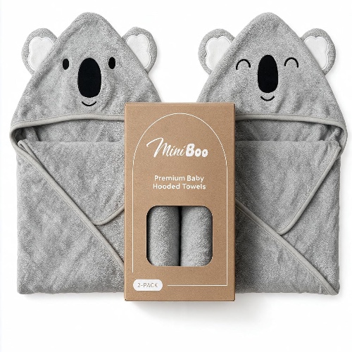 MINIBOO Soft Bamboo Hooded Baby Towels 2 Pack for Newborn to 5 (Koalas)