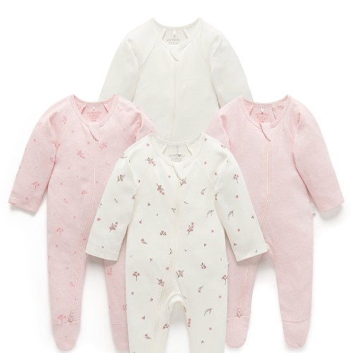 Purebaby 4 Pack Zip Growsuit Vanilla blossom pack